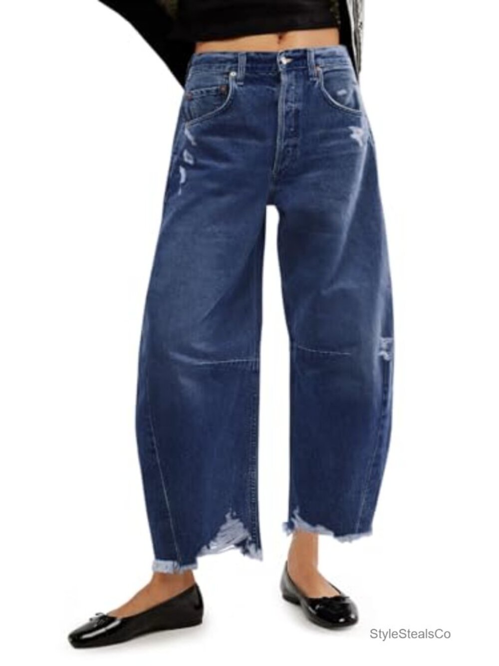 Womens Baggy Barrel Jeans Cropped Boyfriend Wide Leg Raw Hem Denim Pants